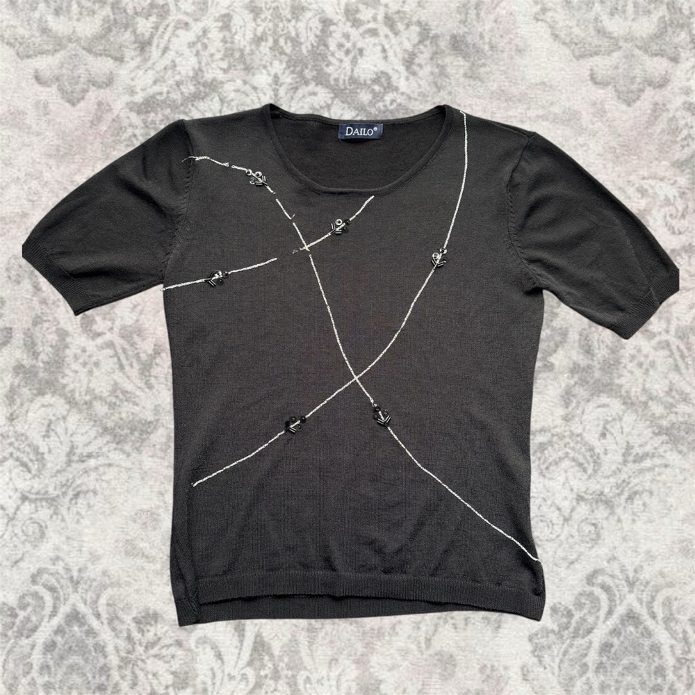 Black Sequin Whimsigoth Ribbed Casual Short Women’s Small Stretchy Classy Tee